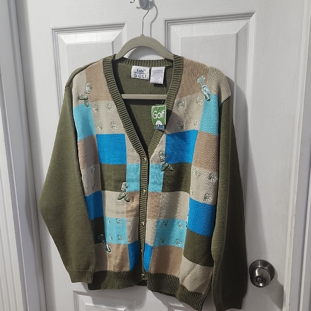 Womens Golf Cardigan Sweater Large Embroidered Tabi Button Up New With Tags